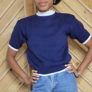 Vintage Navy Blue Knit Top with White Borders